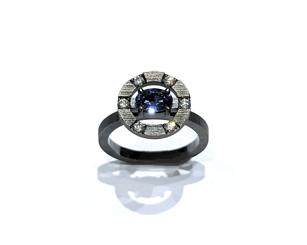 Bague Saphir or blanc rhodié noir mat brut et Diamants